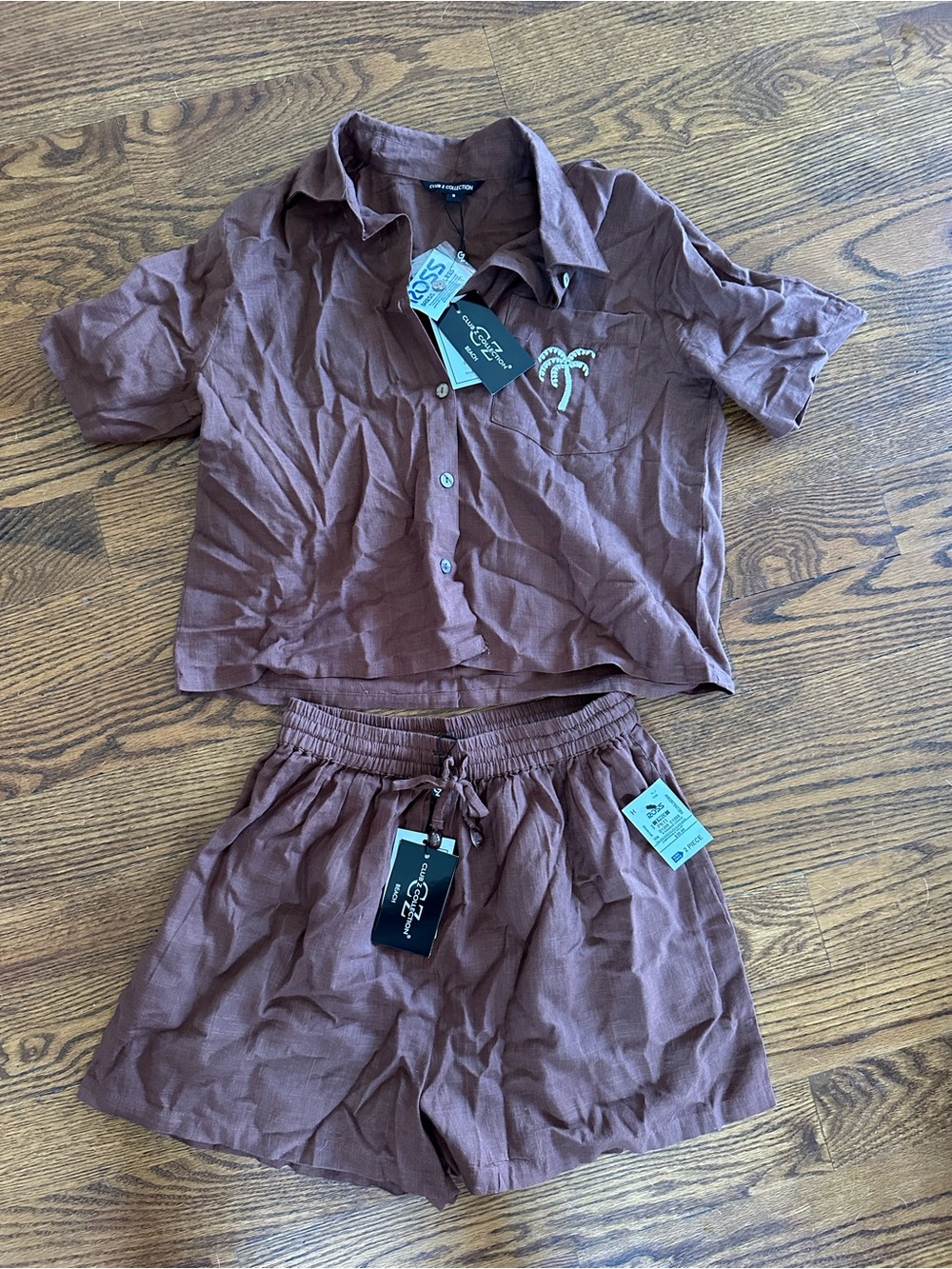 Women Two-Piece Short Set - Brown Palm Embroidery- Club Z Collection